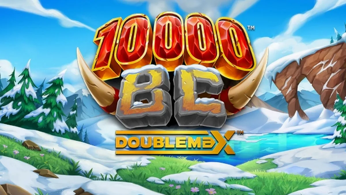 Cenário pré-histórico com montanhas nevadas e rolos de pedra do slot 10000 BC DoubleMax