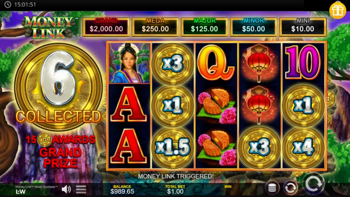 Interface do jogo Money Link Moon Goddess com elementos temáticos asiáticos